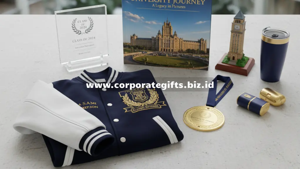 Souvenir eksklusif universitas seperti medali, jaket almamater, dan plakat kristal